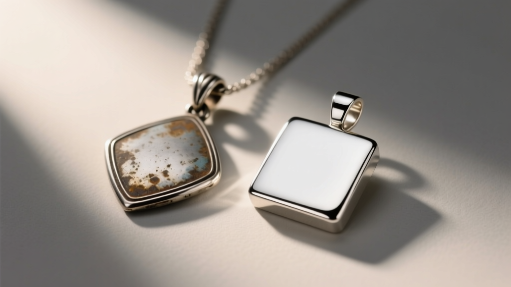 Comparison of a tarnished standard silver pendant and a bright Argentium silver square pendant under warm directional lighting.