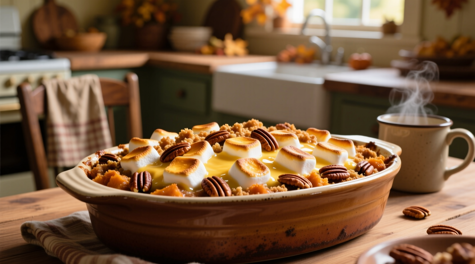 Golden-brown sweet potato casserole with melted marshmallows and pecan topping