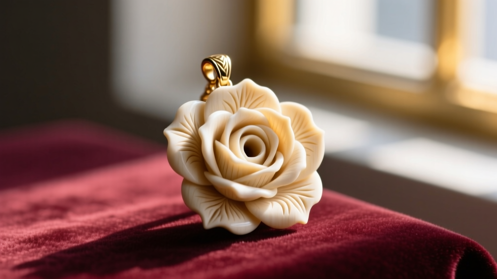 Macro shot of a carved ivory-colored bone rose pendant resting on soft velvet, illuminated by warm natural window light.