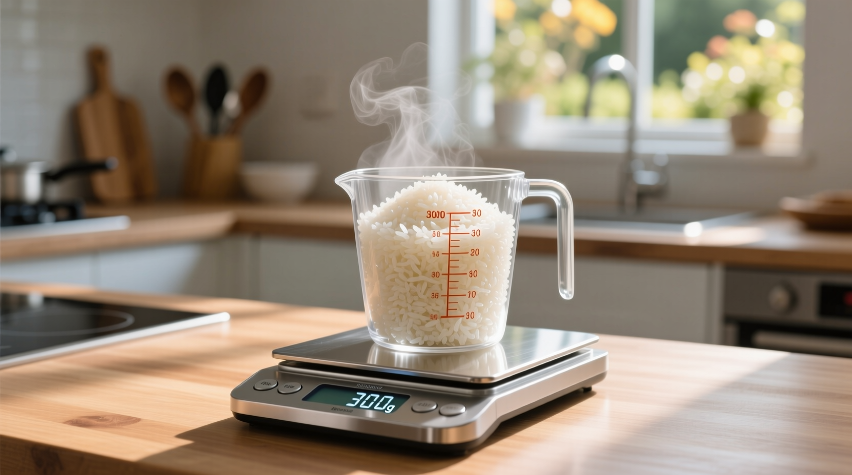 Measuring cup with cooked white rice on kitchen scale