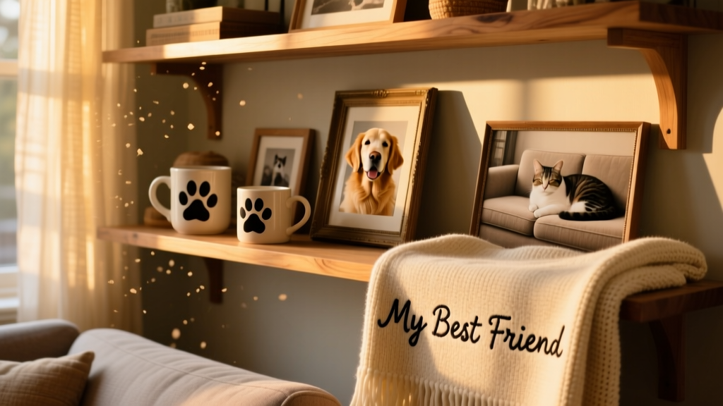 A cozy living room shelf displaying personalized pet-themed items: mugs, framed photos, and a custom blanket