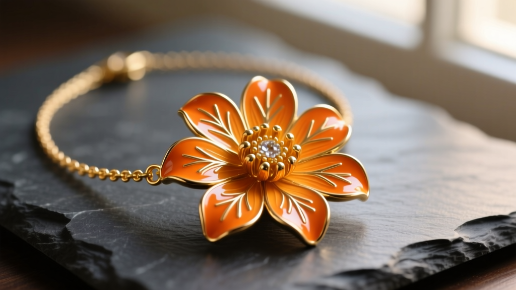 Close-up of a gold vermeil marigold necklace with vibrant orange cold enamel petals resting on a dark slate surface in soft light.