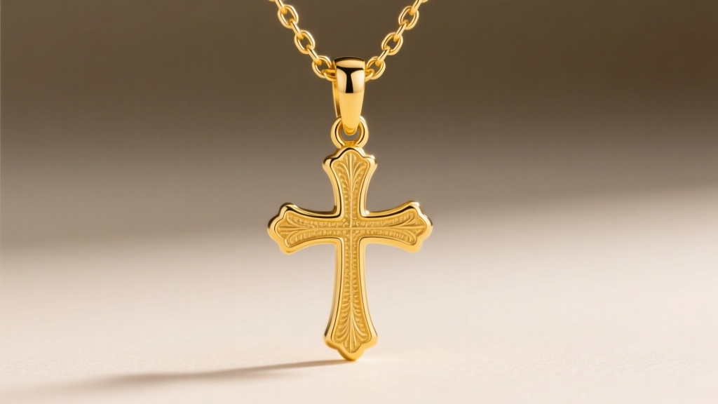 Macro photography of a 14k gold vermeil cross necklace bail and chain link, showing the rich yellow gold tone and clasp.