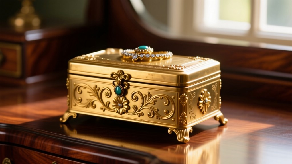 19th-century antique gold jewelry box with gilt bronze mounts on a mahogany vanity, illuminated by soft morning light.