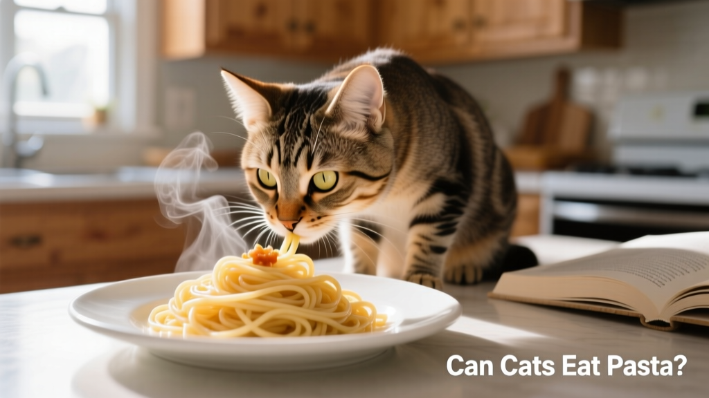 A curious cat sniffing at a small portion of plain, cooked pasta on a plate