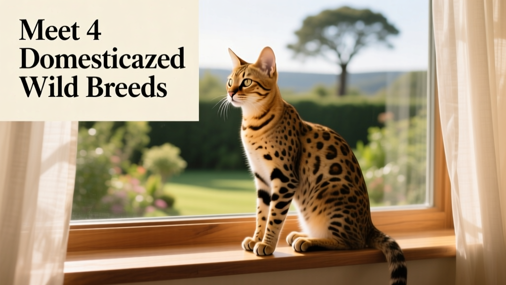 A Savannah cat sitting upright on a window perch, gazing outside with alert expression