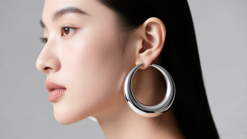 Side profile of a model wearing 80mm extra large sterling silver hoops, showing proper weight distribution across a standard earlobe