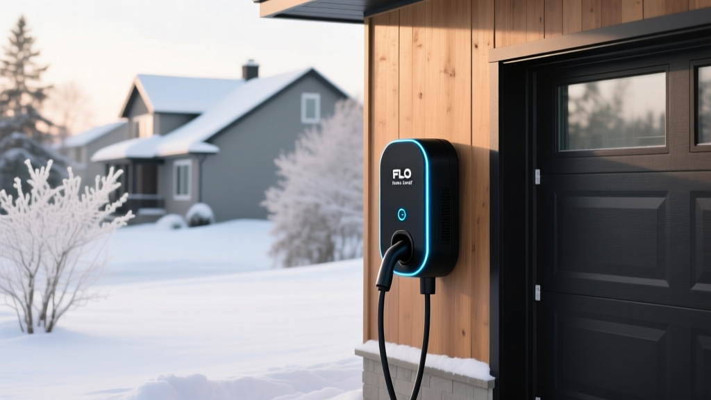 FLO Home X5 Level 2 EV charger mounted on a residential garage wall in a snowy Canadian winter environment