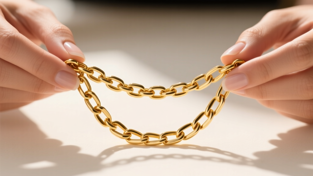 Close-up of hands untangling an 18-inch solid gold box chain necklace in bright daylight, highlighting structural link differences