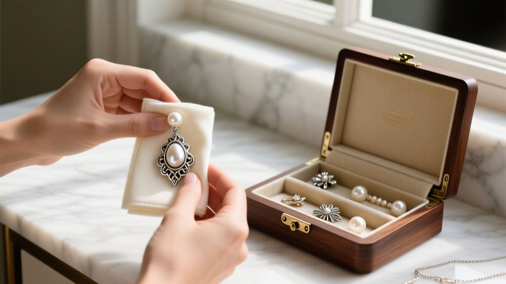 Hands wiping a baroque pearl and silver drop earring with a soft cloth on a marble vanity, next to an open wooden jewelry box.