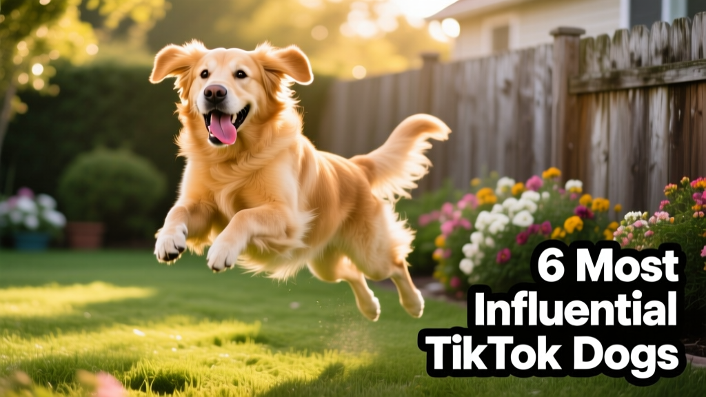 A joyful golden retriever mid-leap, tongue out, against a sunlit backyard backdrop