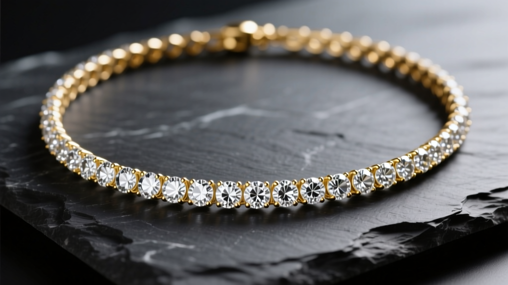 14k gold tennis necklace on dark slate, showing a continuous strand of prong-set round diamonds under bright lighting.