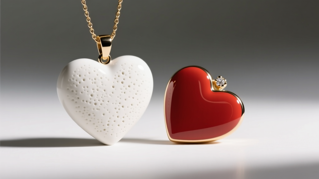 Studio macro of a white ceramic heart pendant beside an enamel heart, showing surface textures under soft directional lighting.