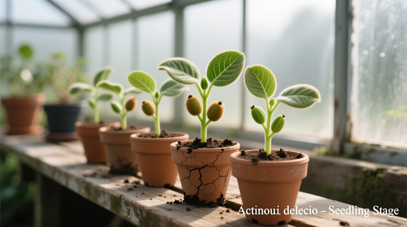 Kiwi seedlings growing in small pots with green shoots