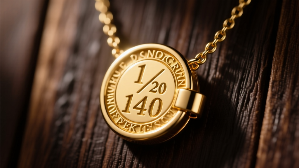 Macro photo of 1/20 14K GF stamp on a gold filled necklace clasp, lit by a warm spotlight against a dark wood background.