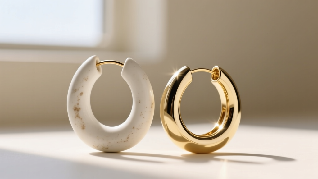 Macro shot of a white ceramic hoop earring beside a polished white gold hoop, contrasting matte and mirror-like metal textures.