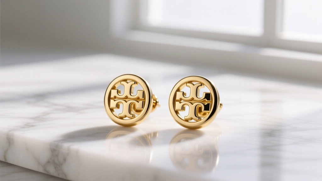 Close-up of gold-tone Tory Burch logo stud earrings resting on a white marble surface, illuminated by soft natural window light.