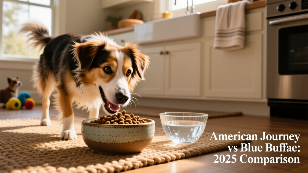 Happy mixed-breed dog eating from a ceramic bowl filled with American Journey kibble, with fresh water nearby