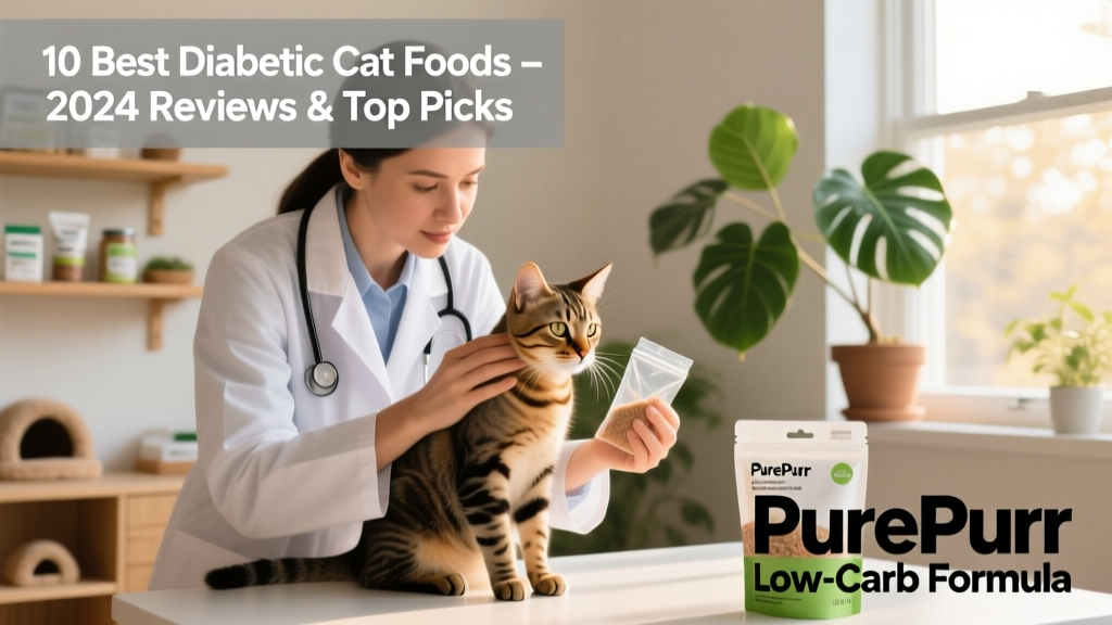 Veterinarian gently examining a cat while holding a small sample of low-carb cat food