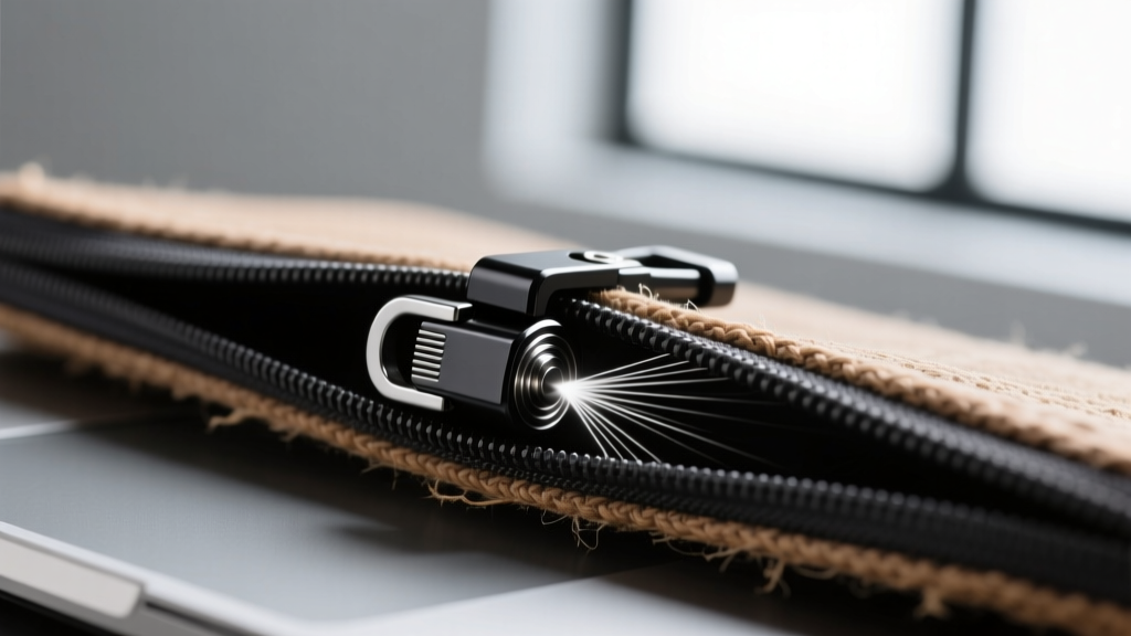 Close-up macro photography of a heavy-duty magnetic laptop sleeve clasp snapping shut, highlighting the neodymium magnets and canvas texture