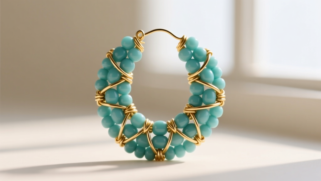 Macro photo of intricate beaded earring patterns with matte turquoise glass seed beads and 20-gauge gold-filled wire wrapping