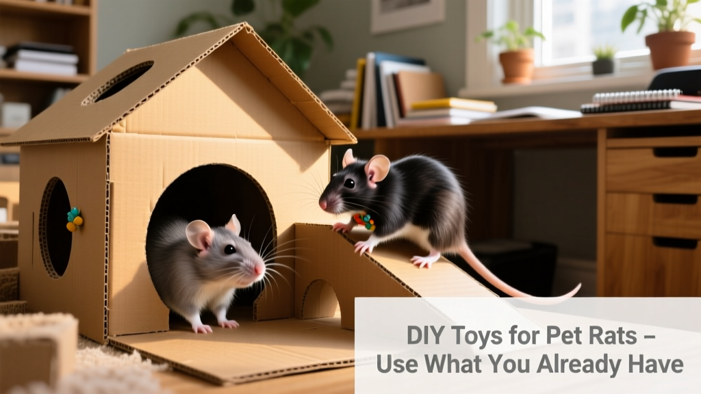 Two pet rats exploring a cardboard playhouse with tunnels and ramps