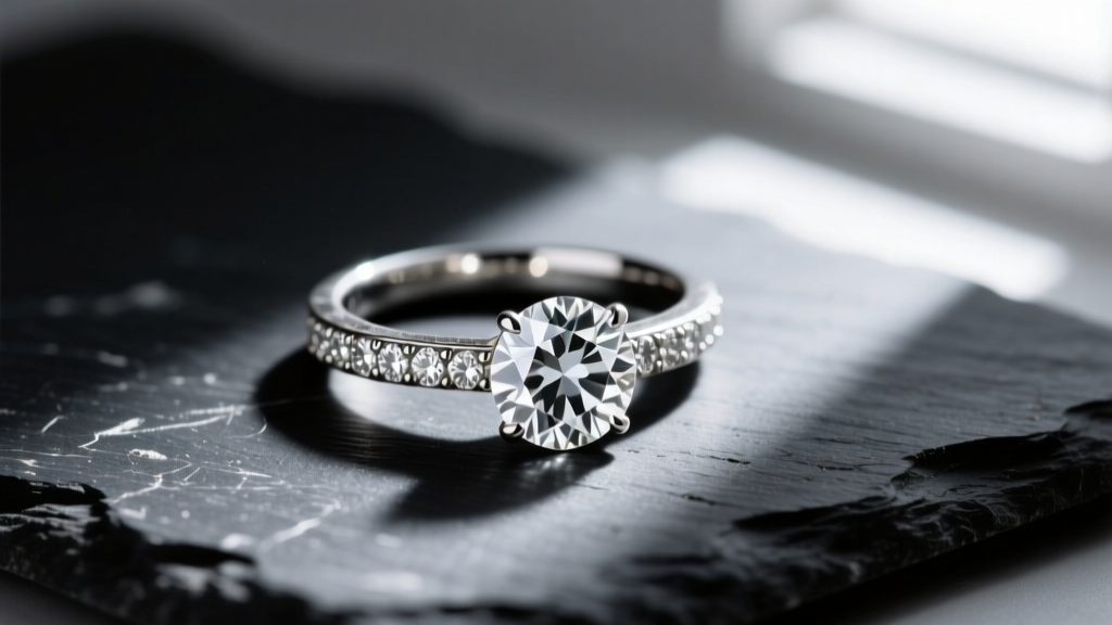 Macro shot of a cloudy diamond ring on dark slate, spotlight revealing surface grime, dull facets, and a white gold pavé band.