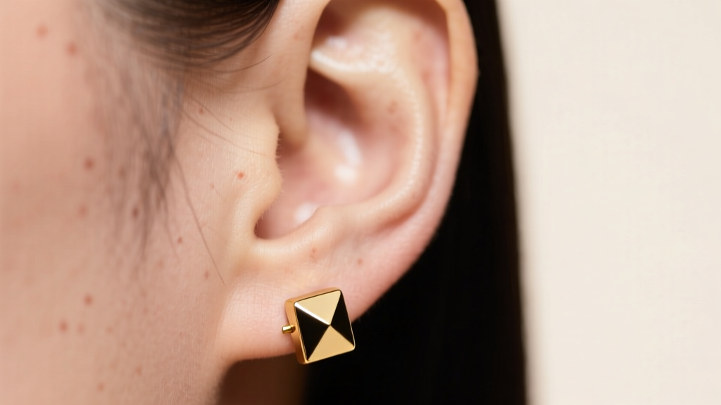 Close-up of an earlobe wearing a gold-plated magnetic stud earring, soft studio lighting highlighting skin texture and metal.