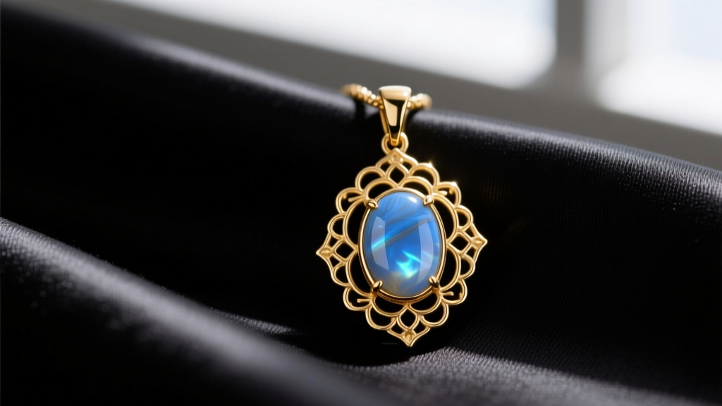 Macro shot of a gold vermeil House of Harlow pendant with filigree framing a polished blue howlite cabochon on black silk fabric