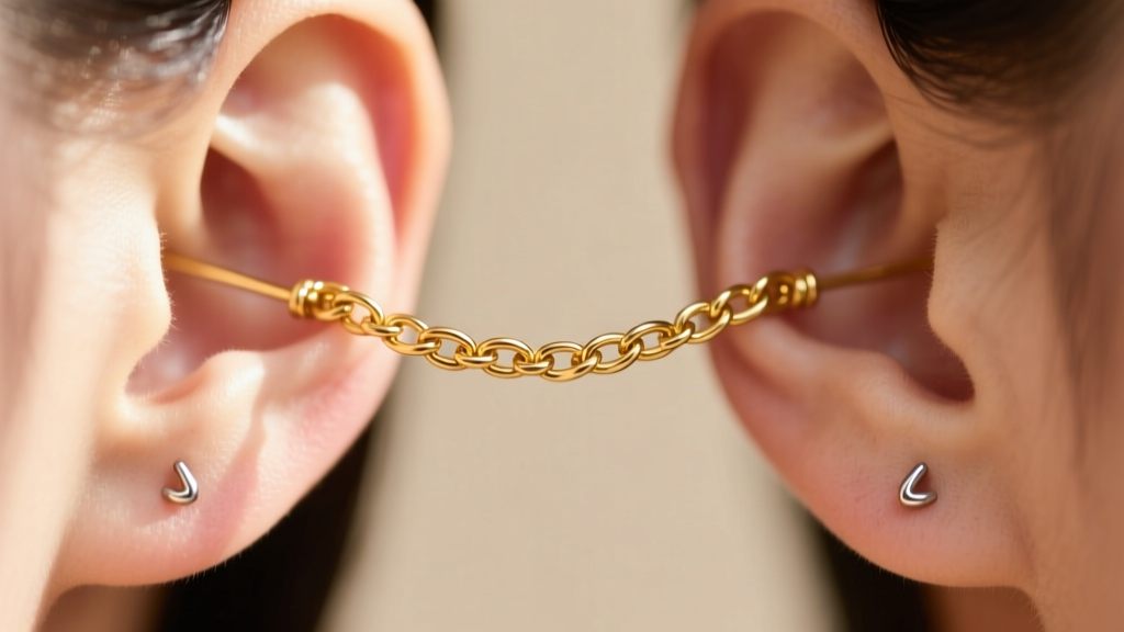 Macro shot of a gold threader earring weaving through two lobe piercings, showing the fine chain texture against warm skin tones