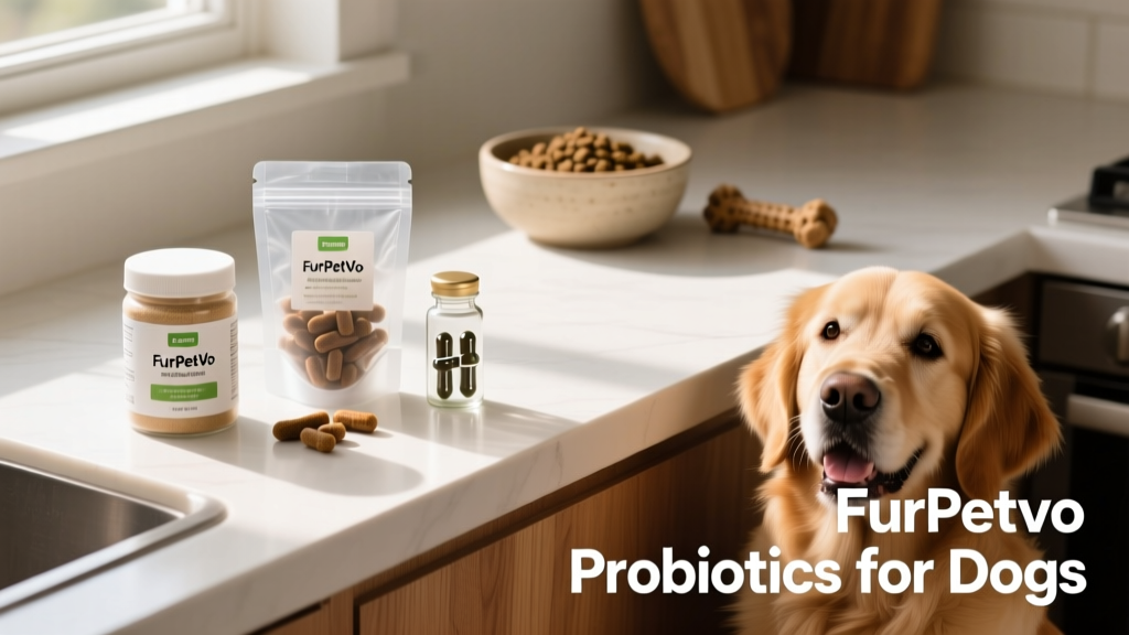 A variety of FurPetVo probiotic products laid out on a clean kitchen counter: powder jar, soft chews, and capsules
