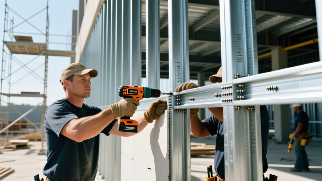 Commercial construction site showing workers installing 6-inch 16-gauge galvanized steel studs and tracks with drywall screws