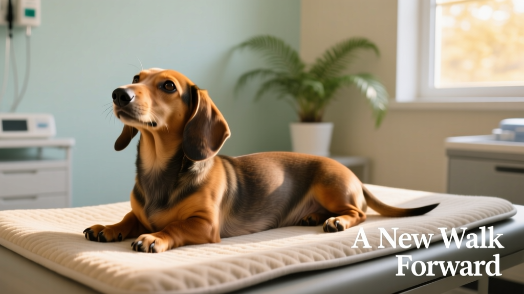 A gentle Dachshund lying on a soft recovery mat in a veterinary clinic, looking up with calm, soulful eyes