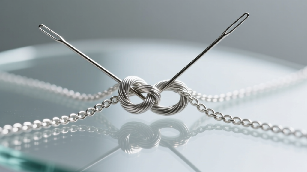 Top-down view of a tangled 0.6mm silver thread chain on glass, with two fine sewing needles gently separating the knots.