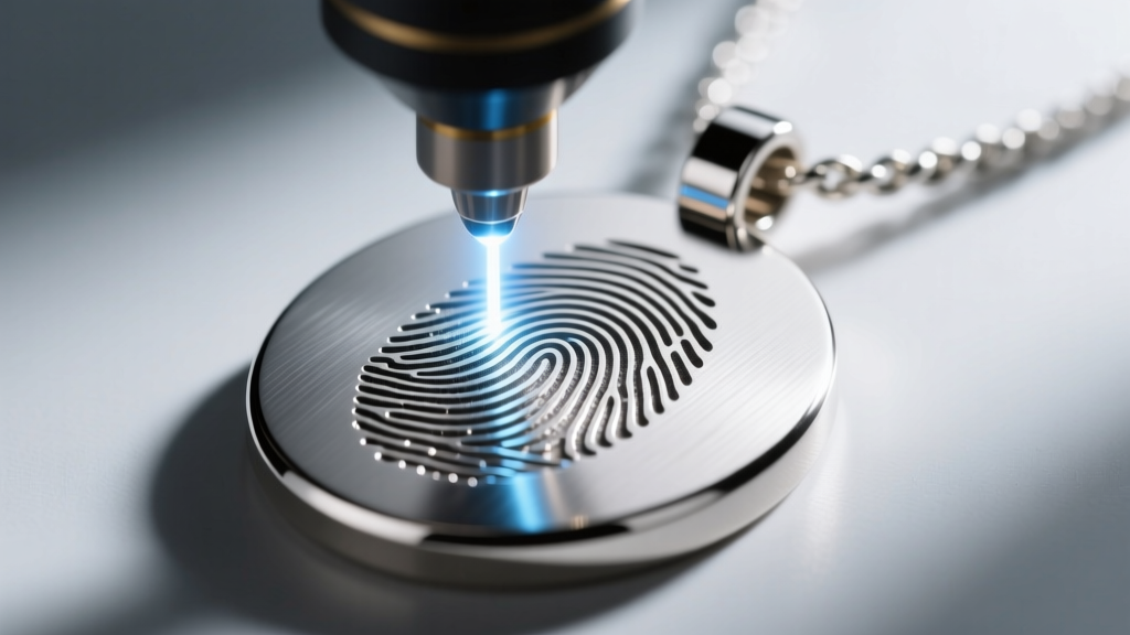 Macro view of a fiber laser engraving a fingerprint on a brushed platinum pendant, revealing deep, high-contrast metallic detail.