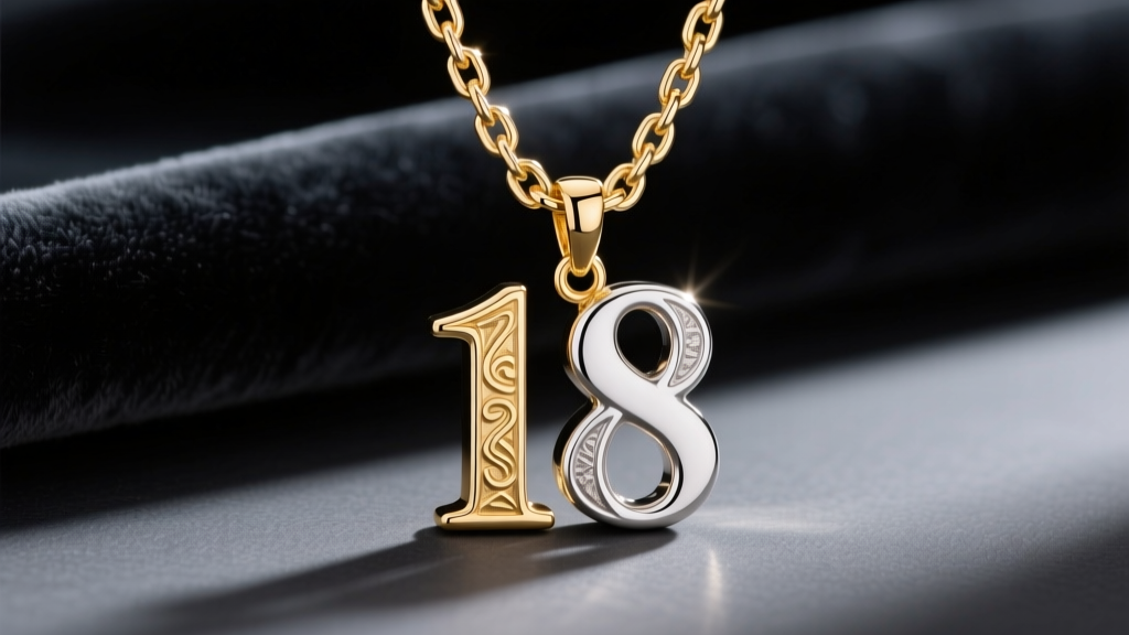 Close-up of an 18k gold-plated sterling silver number 18 pendant on a 5mm Cuban link chain against a dark velvet background