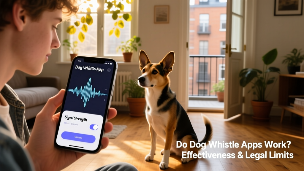 A person holding a smartphone with a dog whistle app open, while their dog sits attentively nearby