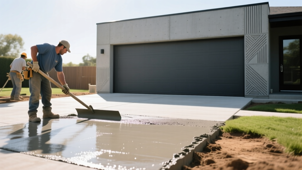 Freshly poured concrete driveway being screeded by workers next to a modern two-car garage with stamped edges in bright sunlight