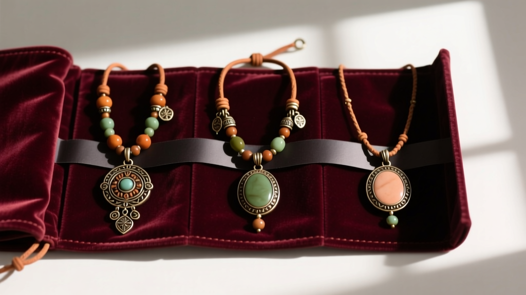 Open velvet jewelry roll displaying three boho pendant necklaces with leather cords, separated by dark anti-tarnish paper strips.