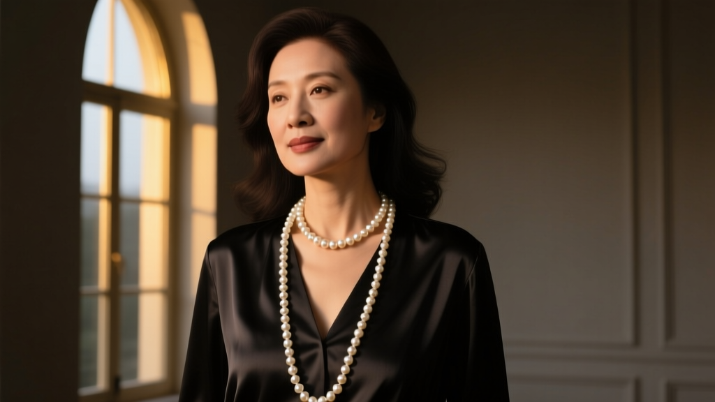 Woman wearing an opera-length grain of rice pearl necklace over a dark silk blouse, lit by warm moody ambient evening light