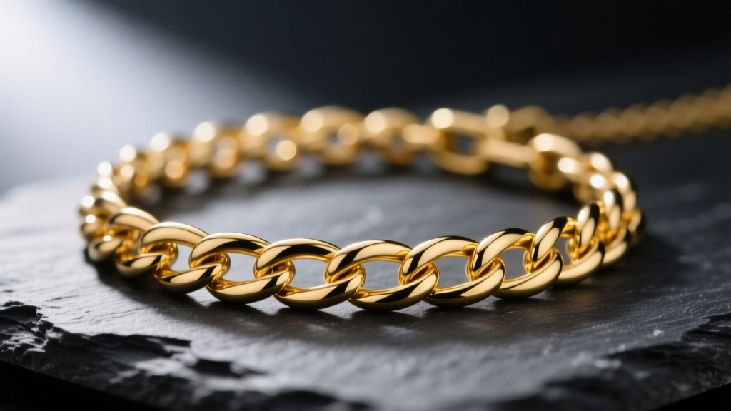 Macro shot of a 14K yellow gold cable chain necklace on dark slate, soft lighting highlighting the warm metallic luster.