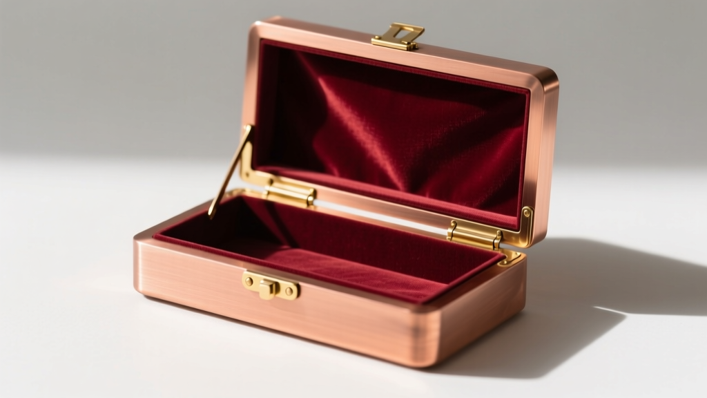 Open mid-century modern copper jewelry box revealing deep burgundy acid-free velvet lining and a pristine piano hinge mechanism.