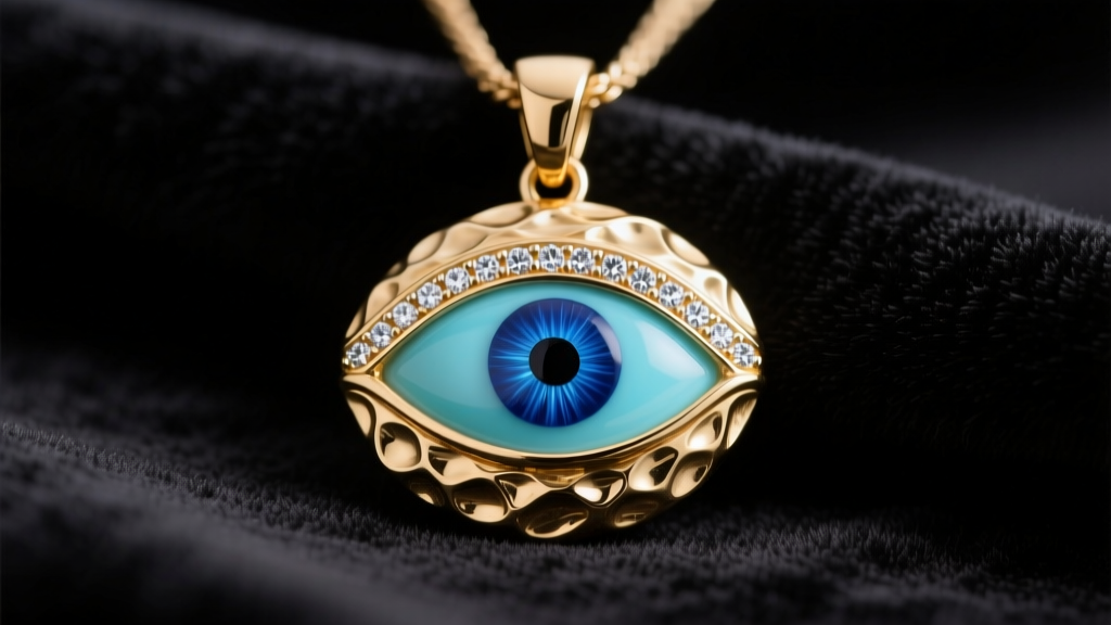 Modern Greek evil eye pendant featuring cabochon turquoise center set in hammered 18k gold with diamond pave on dark velvet