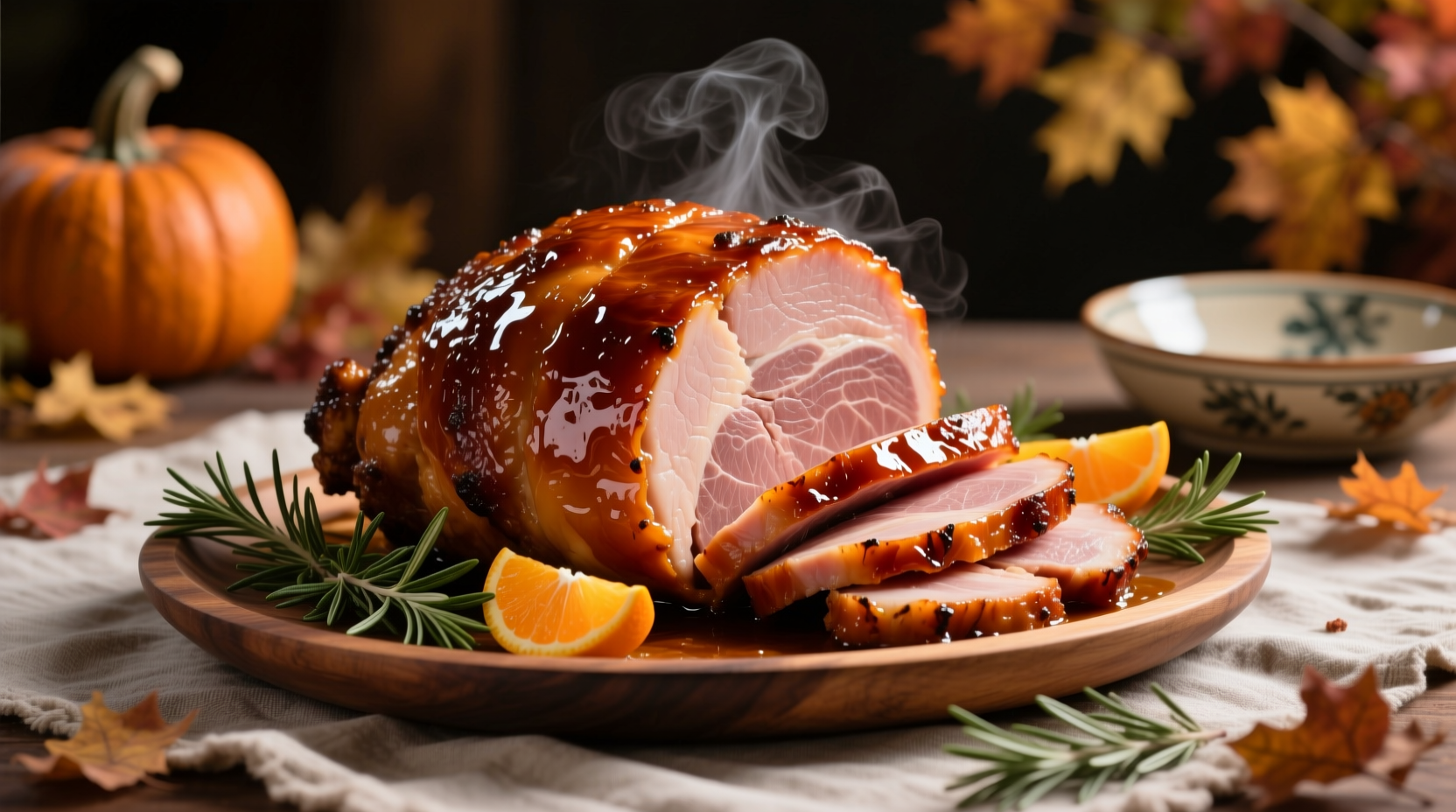 Perfectly glazed Thanksgiving ham on serving platter