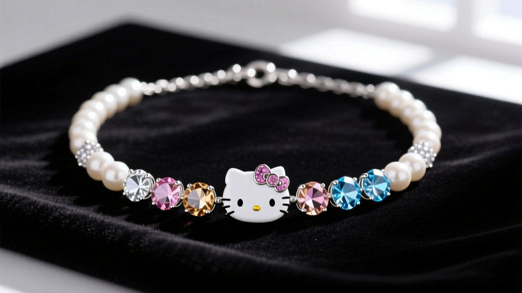 Flat lay of a Swarovski crystal Hello Kitty bead necklace on black velvet, showcasing light refraction and polished silver hardware