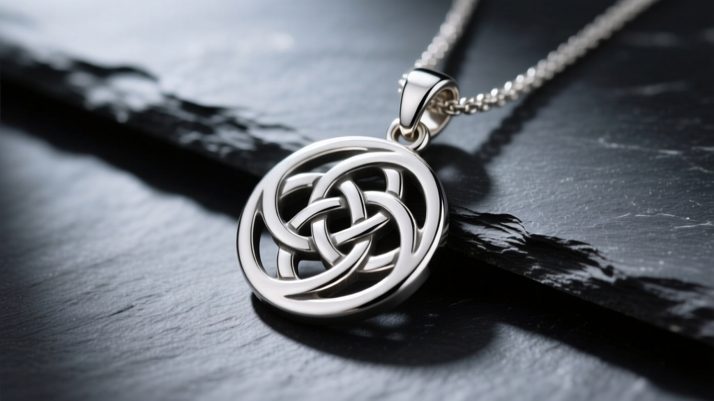 Close-up of a polished lead-free pewter pendant with a Celtic knot design resting on dark slate under soft, directional studio lighting.