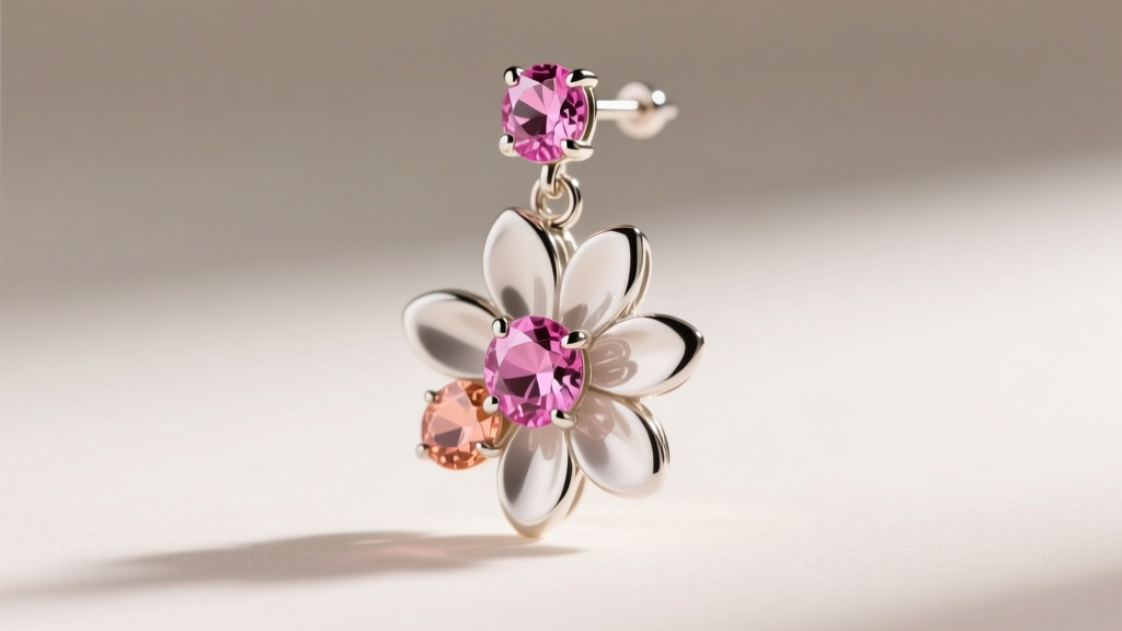 Macro shot of a pink sapphire and morganite floral drop earring, showing prong settings and polished white gold petals.