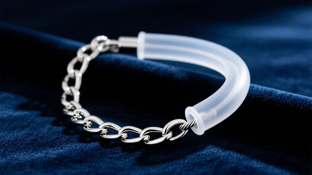 Sterling silver cable chain adjusted with a clear silicone coil necklace shortener sleeve resting on a dark velvet backdrop