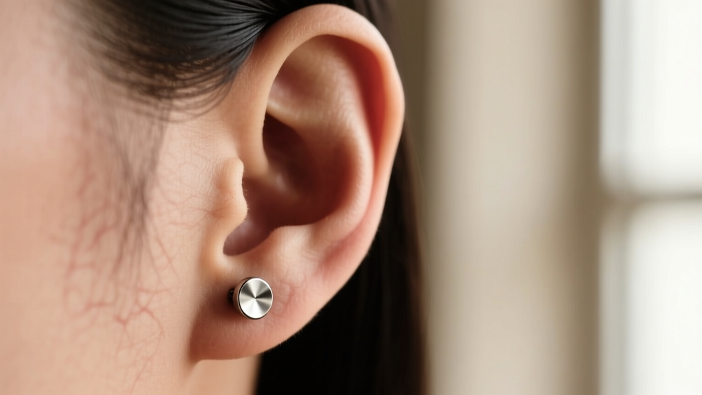 Side profile of an earlobe wearing an 8mm flat-back titanium stud, highlighting a flush fit with zero skin indentation or swelling.