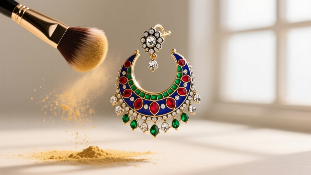 Soft makeup brush gently dusting intricate Meenakari enamel and uncut Polki diamonds on a traditional Indian jhumka earring.